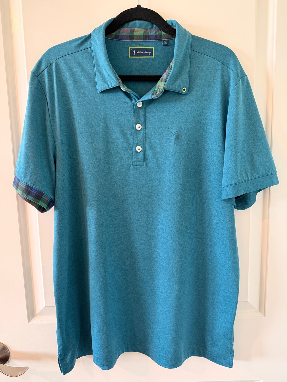 William Murray Golf Men’s Large Teal Performance Polo Plaid Trim Logo
